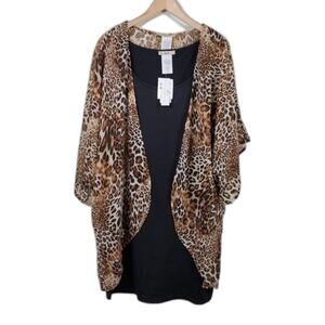 Love Squared Sheath Dress Chiffon Animal Print Cardigan Women 1X Black Brown